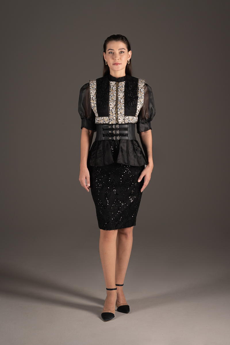 Sequin Embellished Peplum Pencil Dress - Midnight Black
