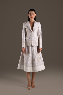 Cream Print Blazer Jacket and A-Line Midi Skirt Set