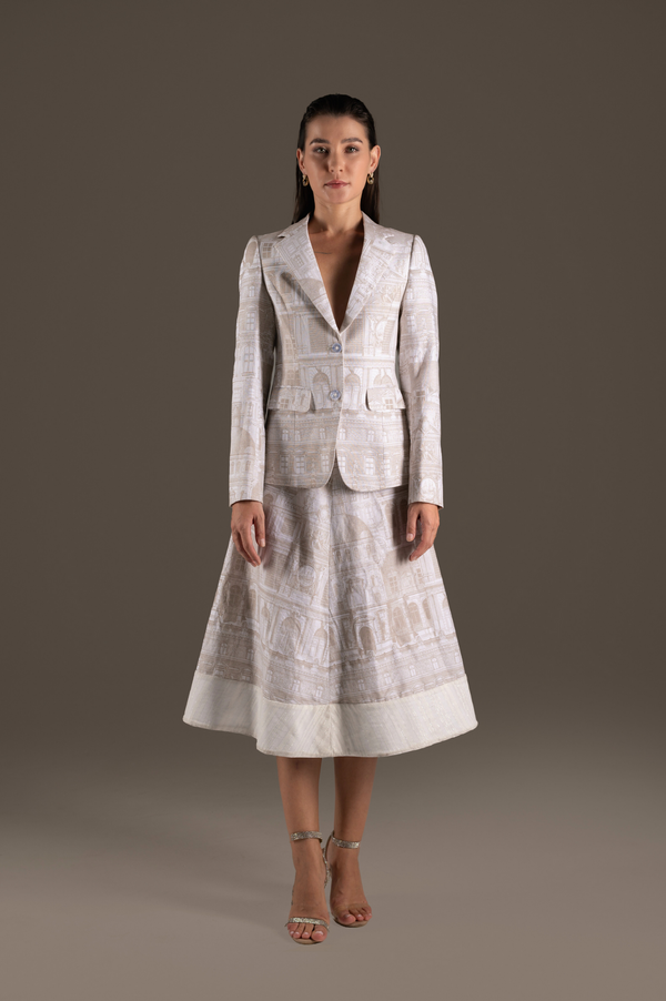 Cream Print Blazer Jacket and A-Line Midi Skirt Set