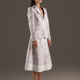 Cream Print Blazer Jacket and A-Line Midi Skirt Set