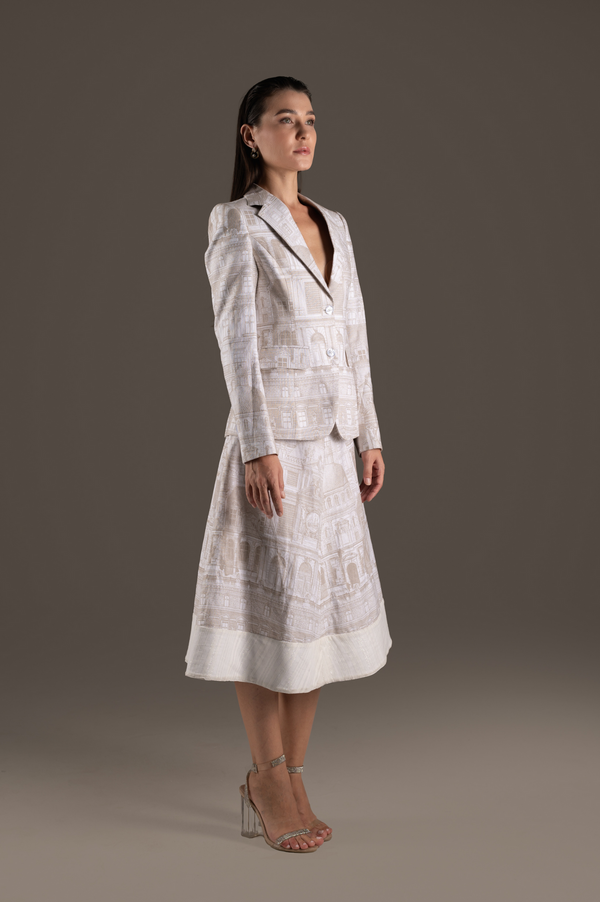 Cream Print Blazer Jacket and A-Line Midi Skirt Set
