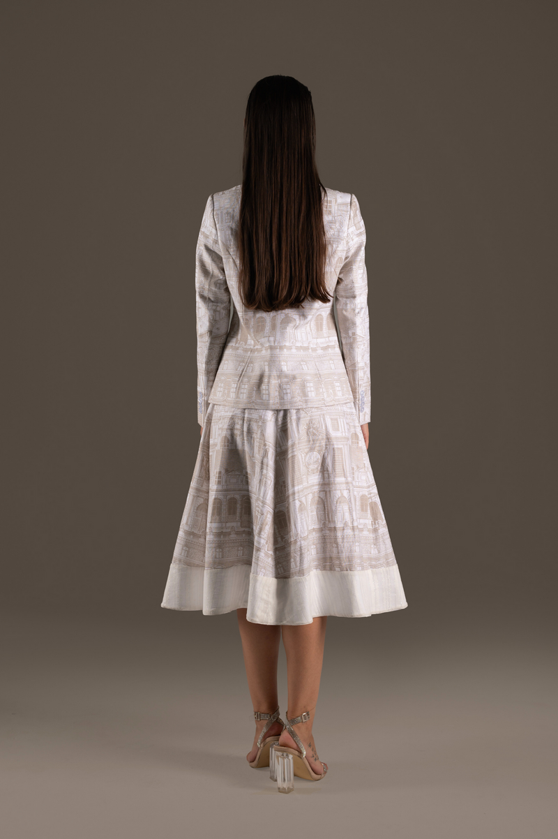 Cream Print Blazer Jacket and A-Line Midi Skirt Set