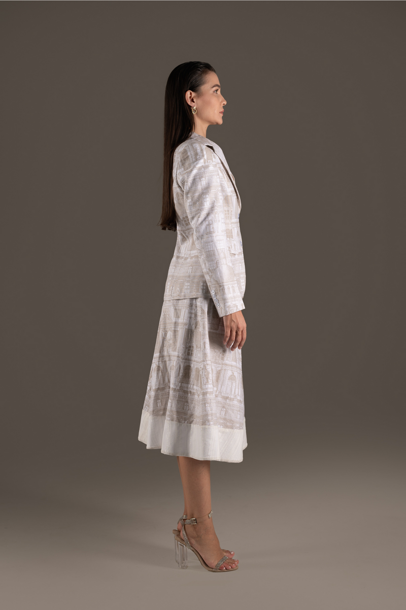 Cream Print Blazer Jacket and A-Line Midi Skirt Set