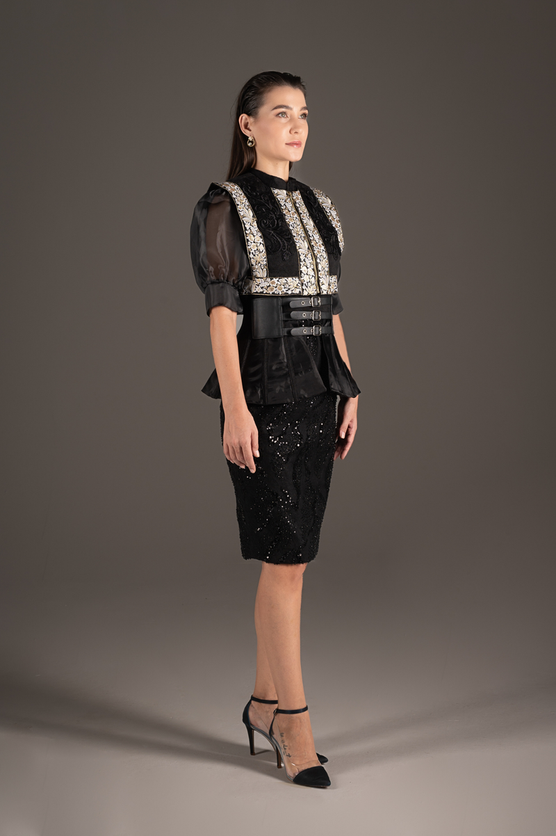 Sequin Embellished Peplum Pencil Dress - Midnight Black