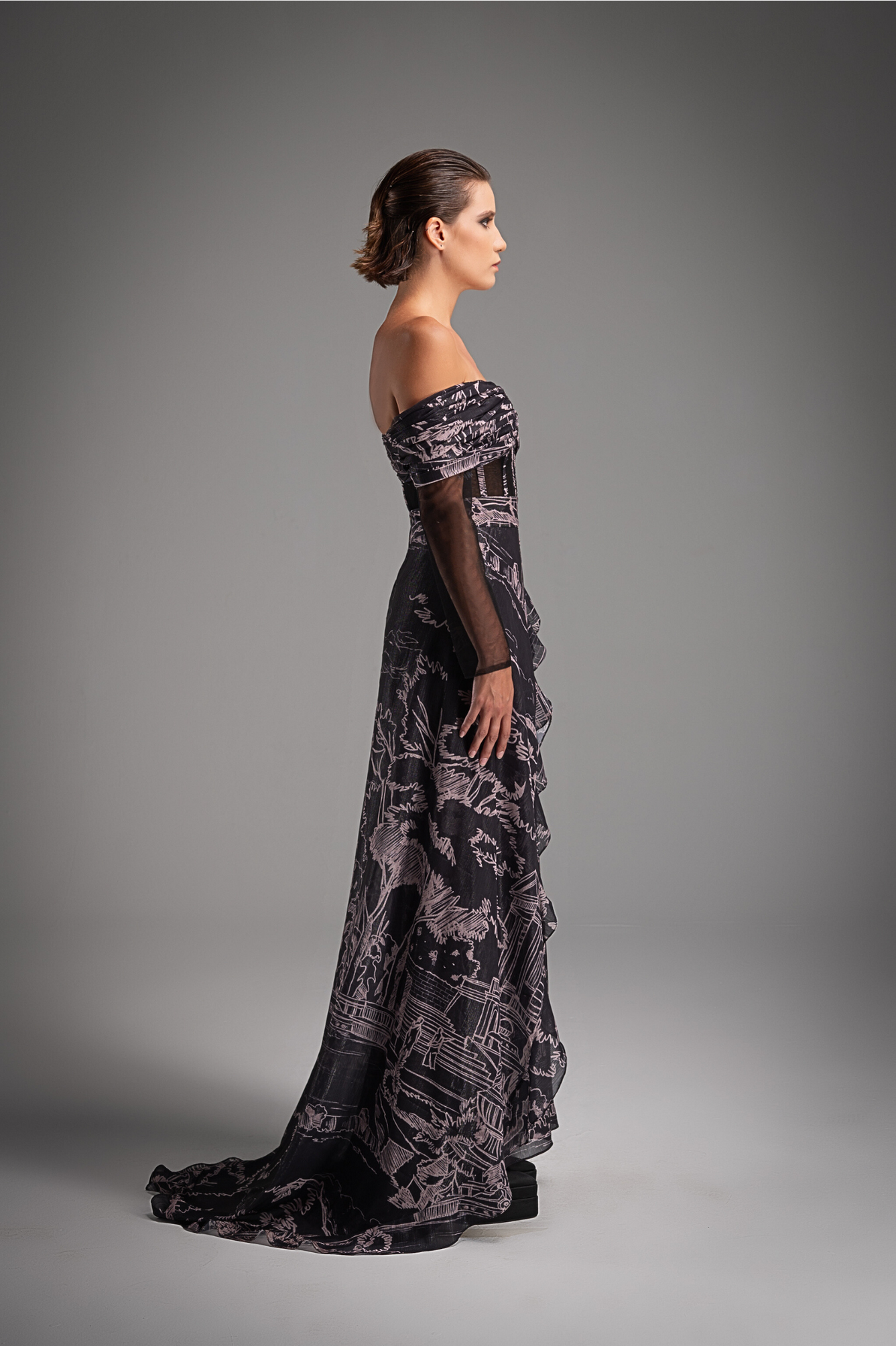 Charcoal Iconic Print Off-Shoulder Dress