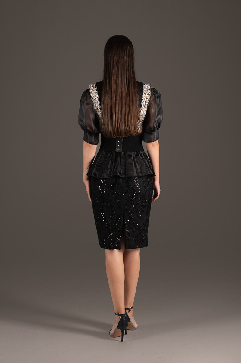 Sequin Embellished Peplum Pencil Dress - Midnight Black