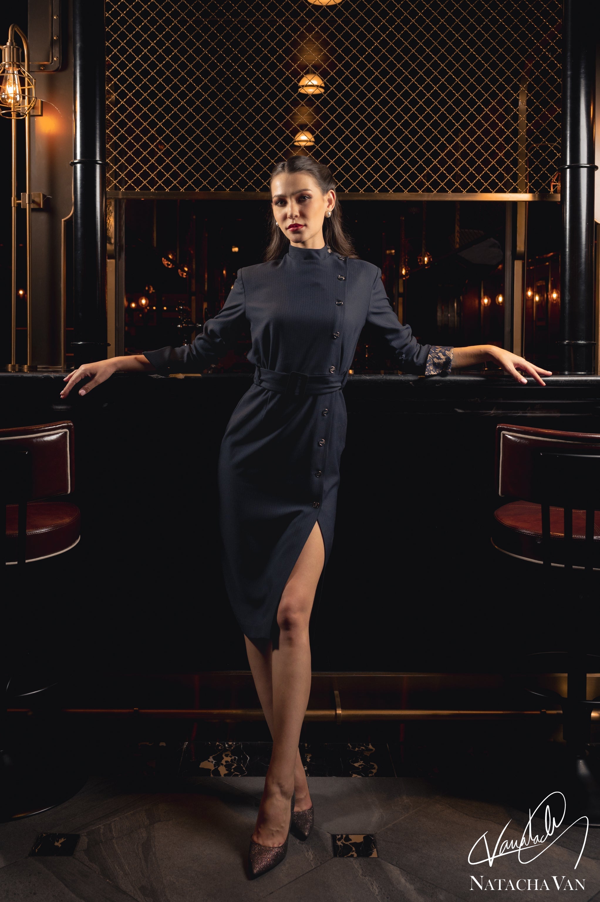 Navy Elegance Belted Dress