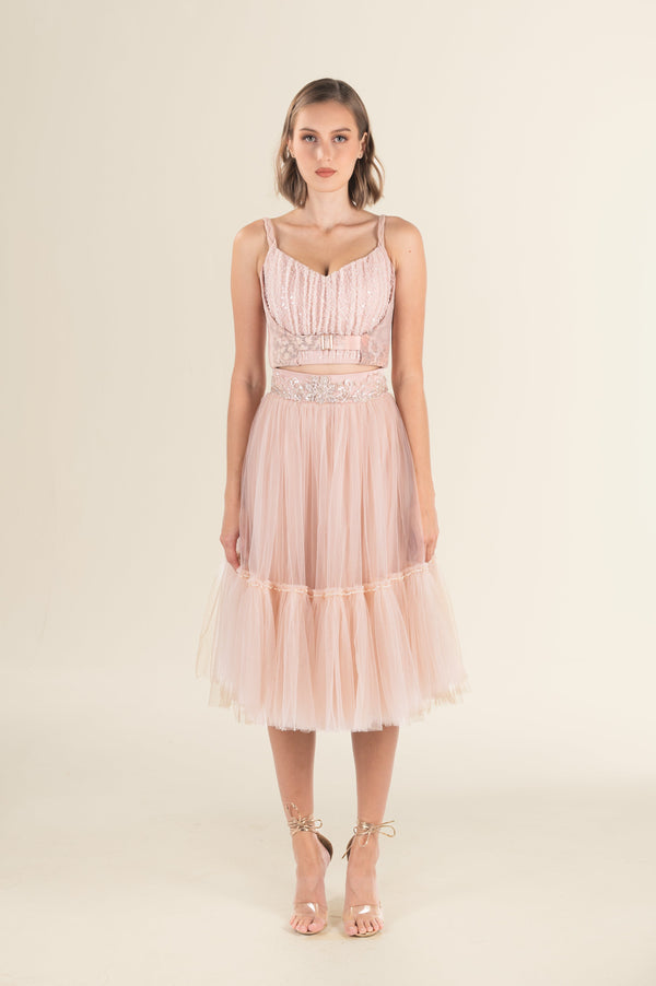 Blush Tulle Embellished Belted Midi Dress