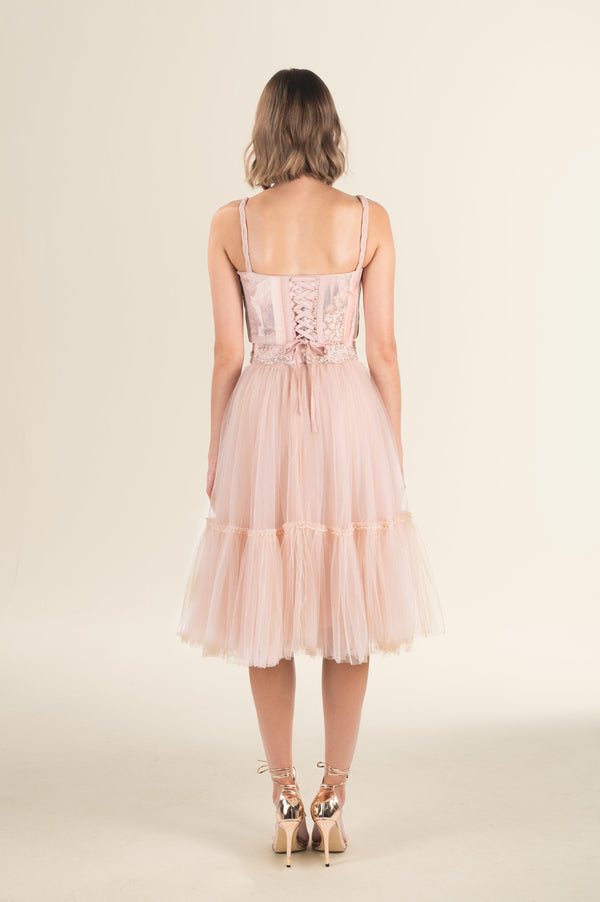 Blush Tulle Embellished Belted Midi Dress