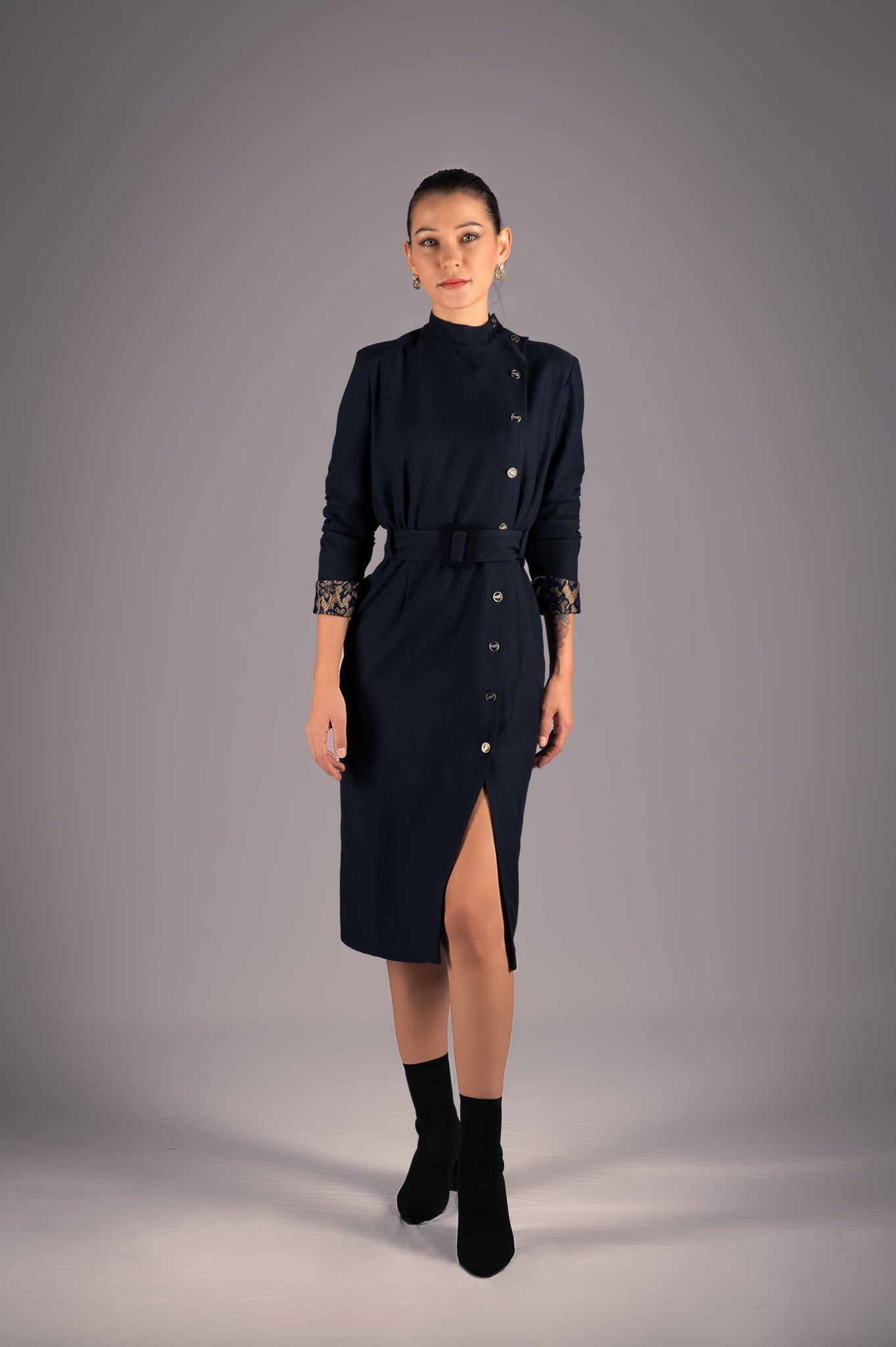 Navy Elegance Belted Dress