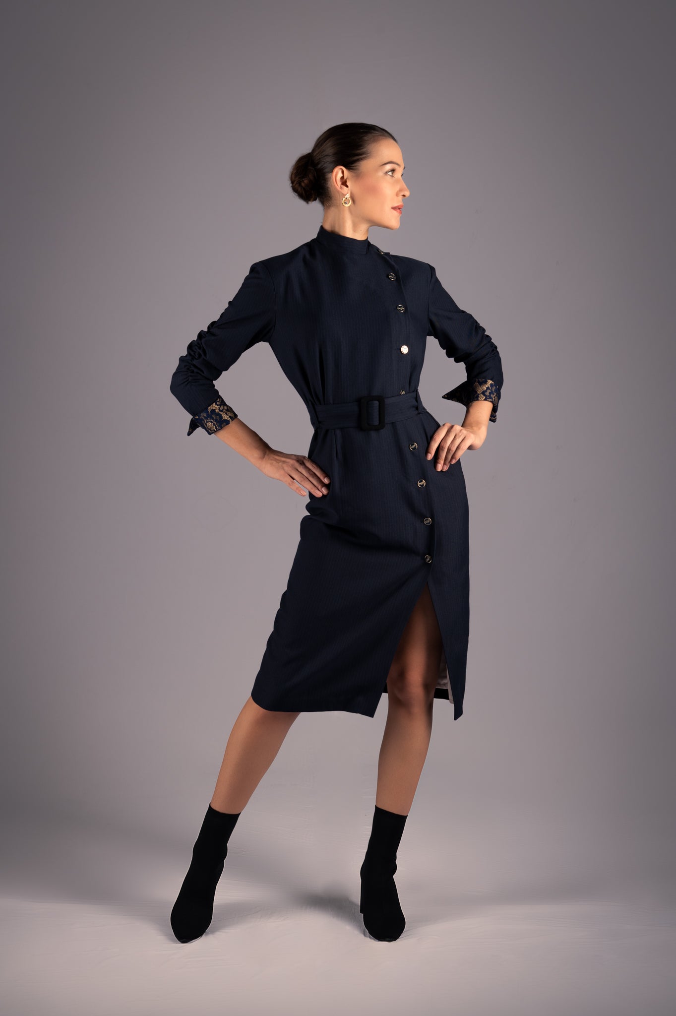 Navy Elegance Belted Dress