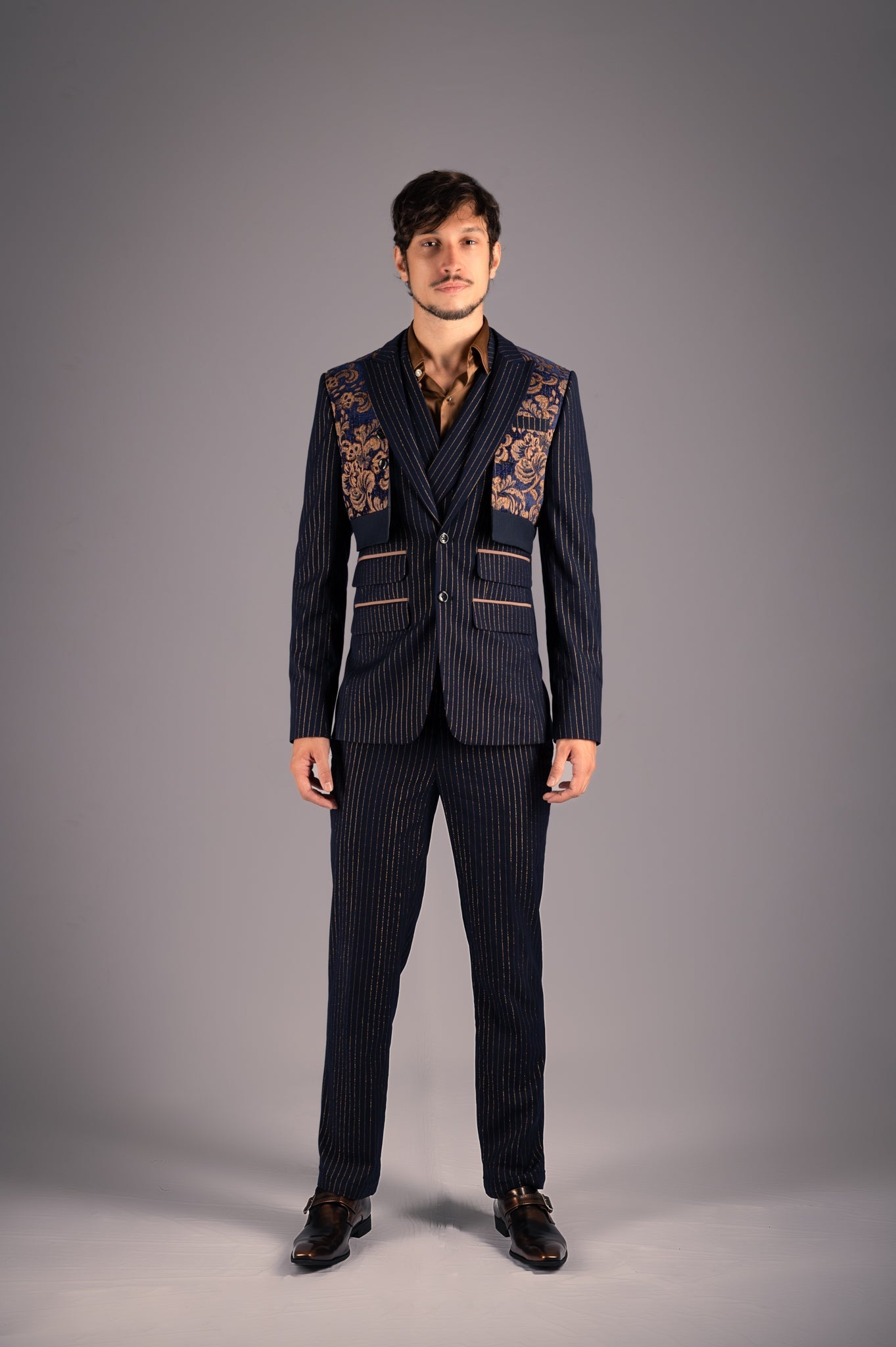 Pinstripe Elegance with Floral Accent Suit