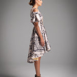 Cream Satin Printed Ruffle Dress