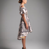 Cream Satin Printed Ruffle Dress
