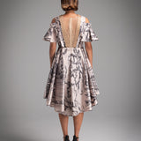 Cream Satin Printed Ruffle Dress