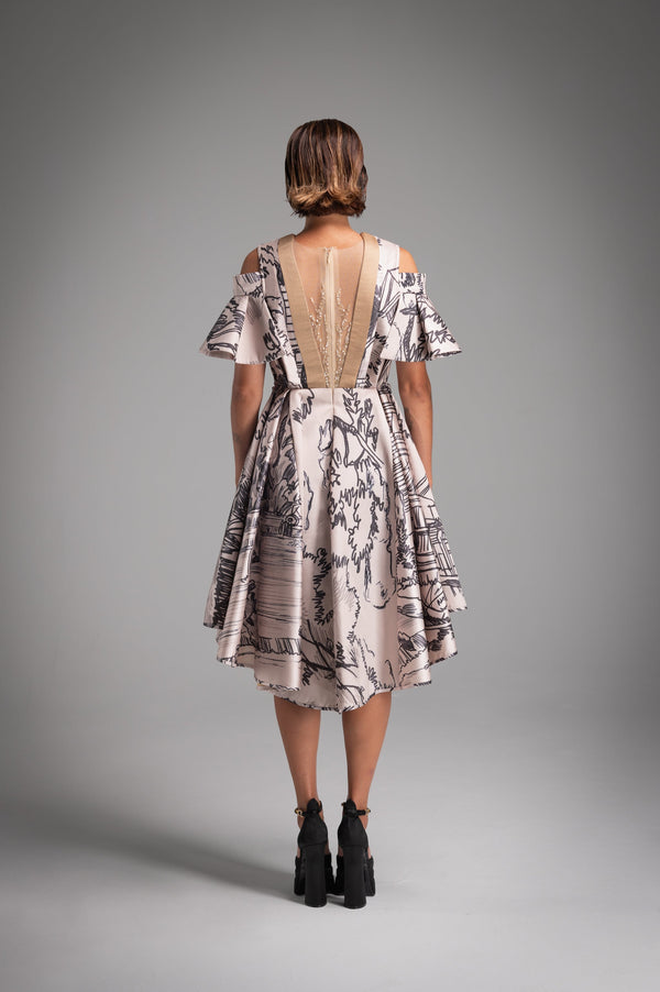 Cream Satin Printed Ruffle Dress