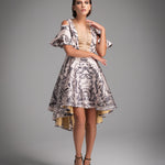 Cream Satin Printed Ruffle Dress