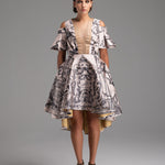 Cream Satin Printed Ruffle Dress