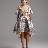 Cream Satin Printed Ruffle Dress