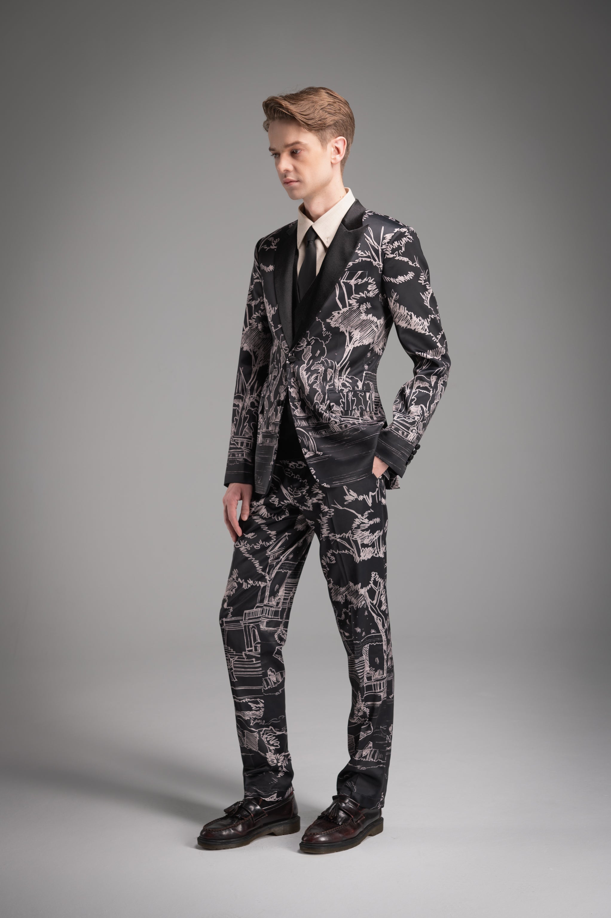 Full Printed Hand Sketch Graphic Men Suit Pants