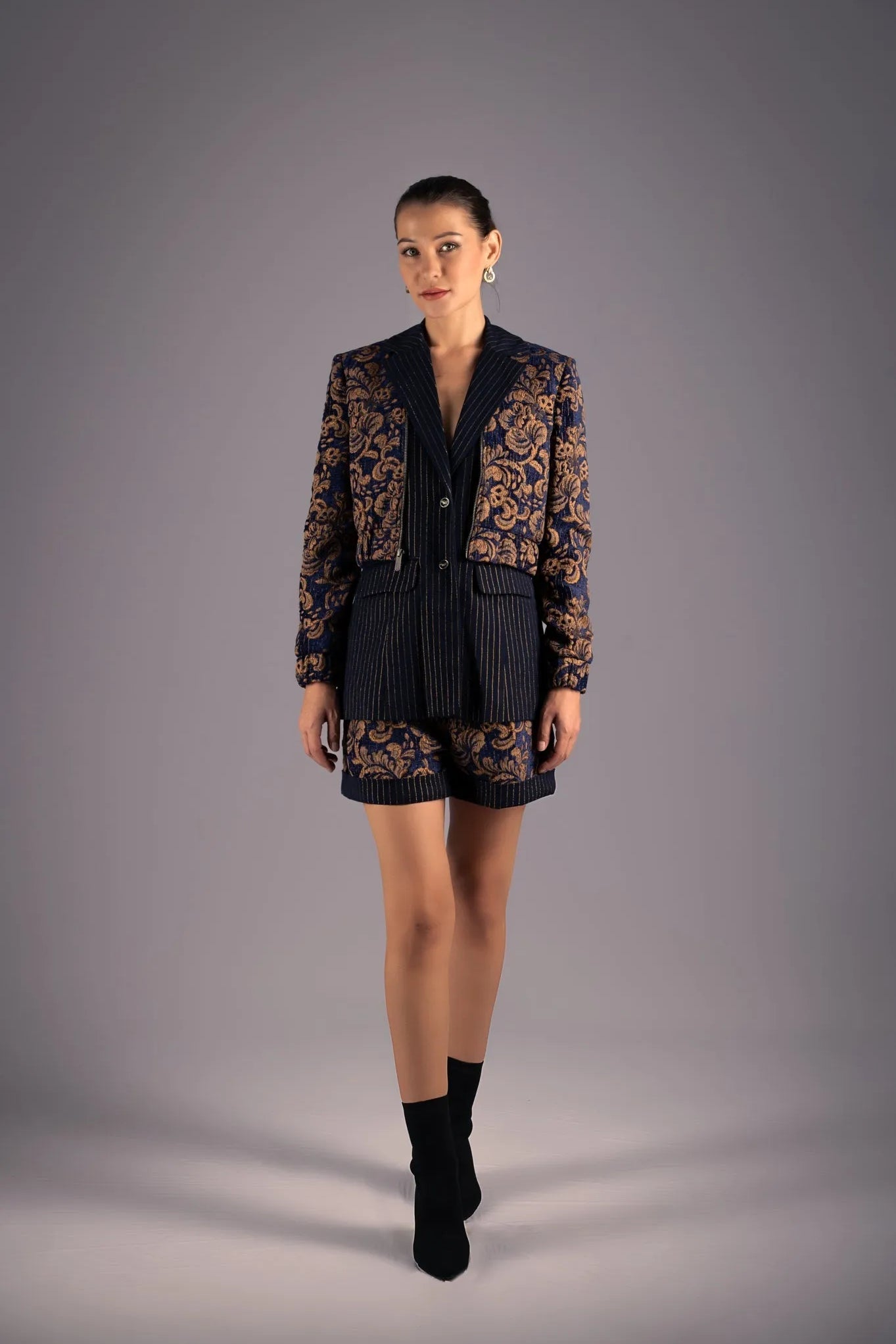 Baroque Navy & Gold Pin-Stripe Short Suit Set