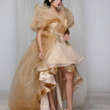 Golden Cascade Tulle High-Low Gown